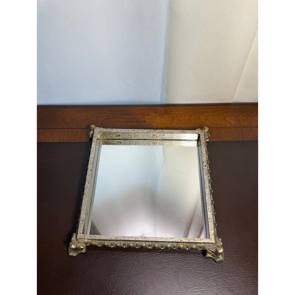 Vintage Ornate Mirrored Vanity Tray Champagne Gold Footed Perfume Jewelry Decor